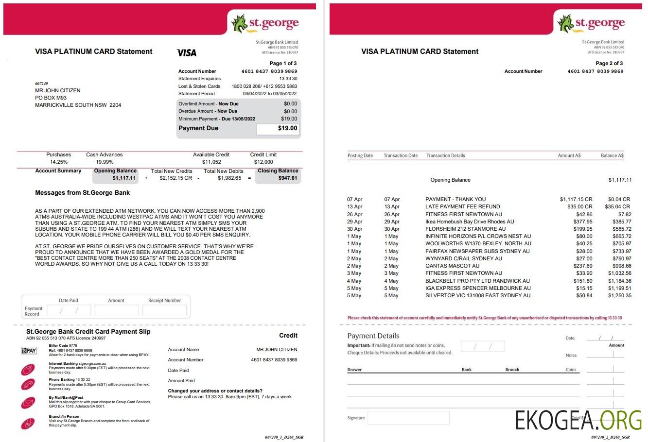 Relevé de carte visa bancaire USA St. George 3 pages